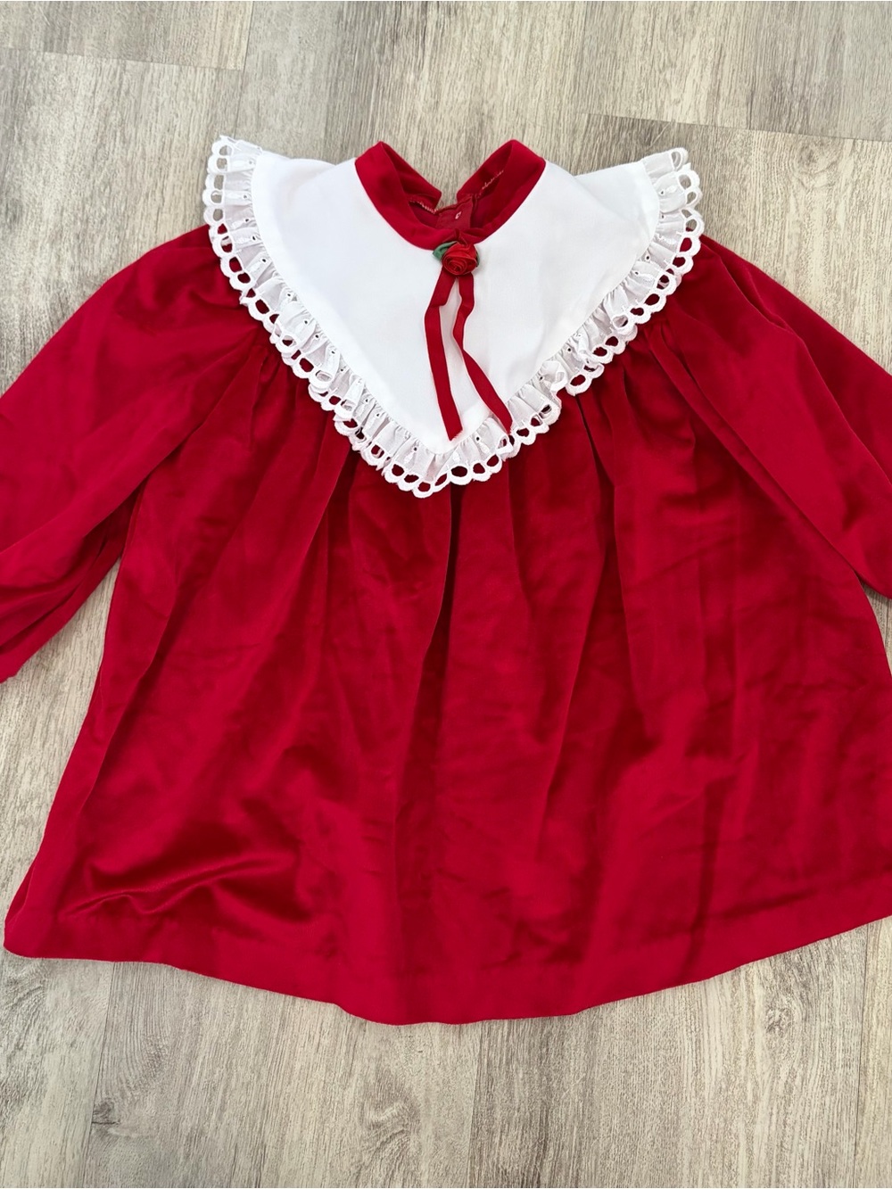 Vintage Red Velvet Holiday Dress White Ruffle Lace Trim Short Sleeve Christmas 5